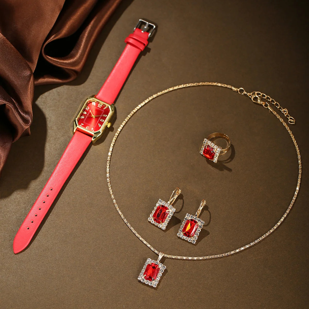6-Piece Square Watch & Jewellery Set | 29mm Quartz Watch with Leather Strap, Necklace, Bracelet, Ring & Earrings