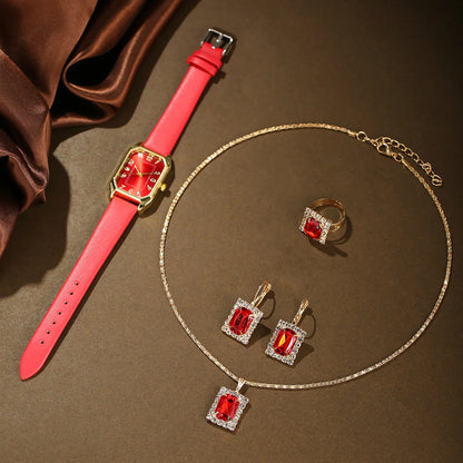 6-Piece Square Watch & Jewellery Set | 29mm Quartz Watch with Leather Strap, Necklace, Bracelet, Ring & Earrings