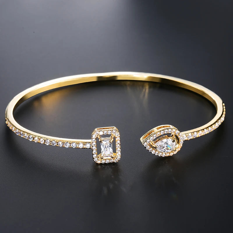 Geometric Gold Cuff Bangle | AAA+ Cubic Zirconia Tension Setting, Copper, 7g