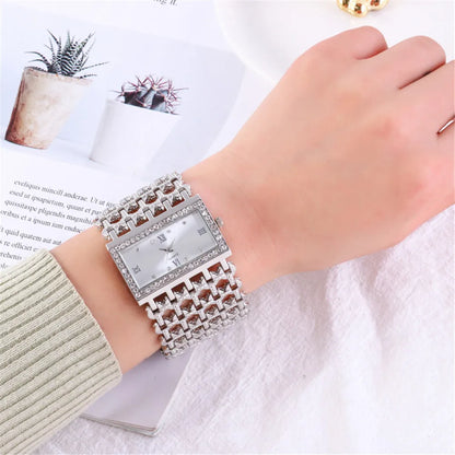Gold-Tone Skeleton Cuff Watch | 35mm Wide Openwork Bangle with Square Rhinestone Dial