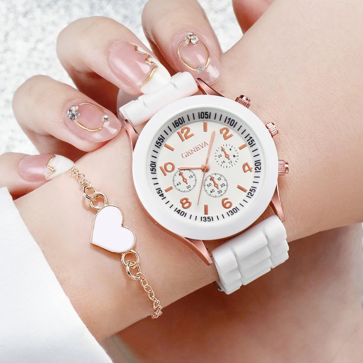 4-Piece Heart Watch & Jewellery Set | 38mm Quartz Watch with Silicone Band, Necklace, Bracelet & Earrings