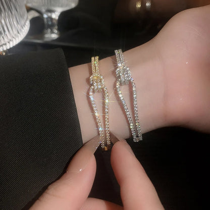 Elegant Golden Knot Cuff | Exquisite Full Zircon Minimalist Bangle for Weddings & Special Occasions