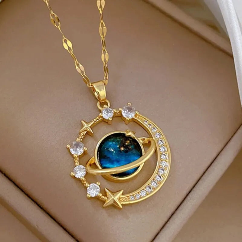 Star, Moon & Astronaut Pendant Necklace | Waterproof Titanium Steel with Zircon