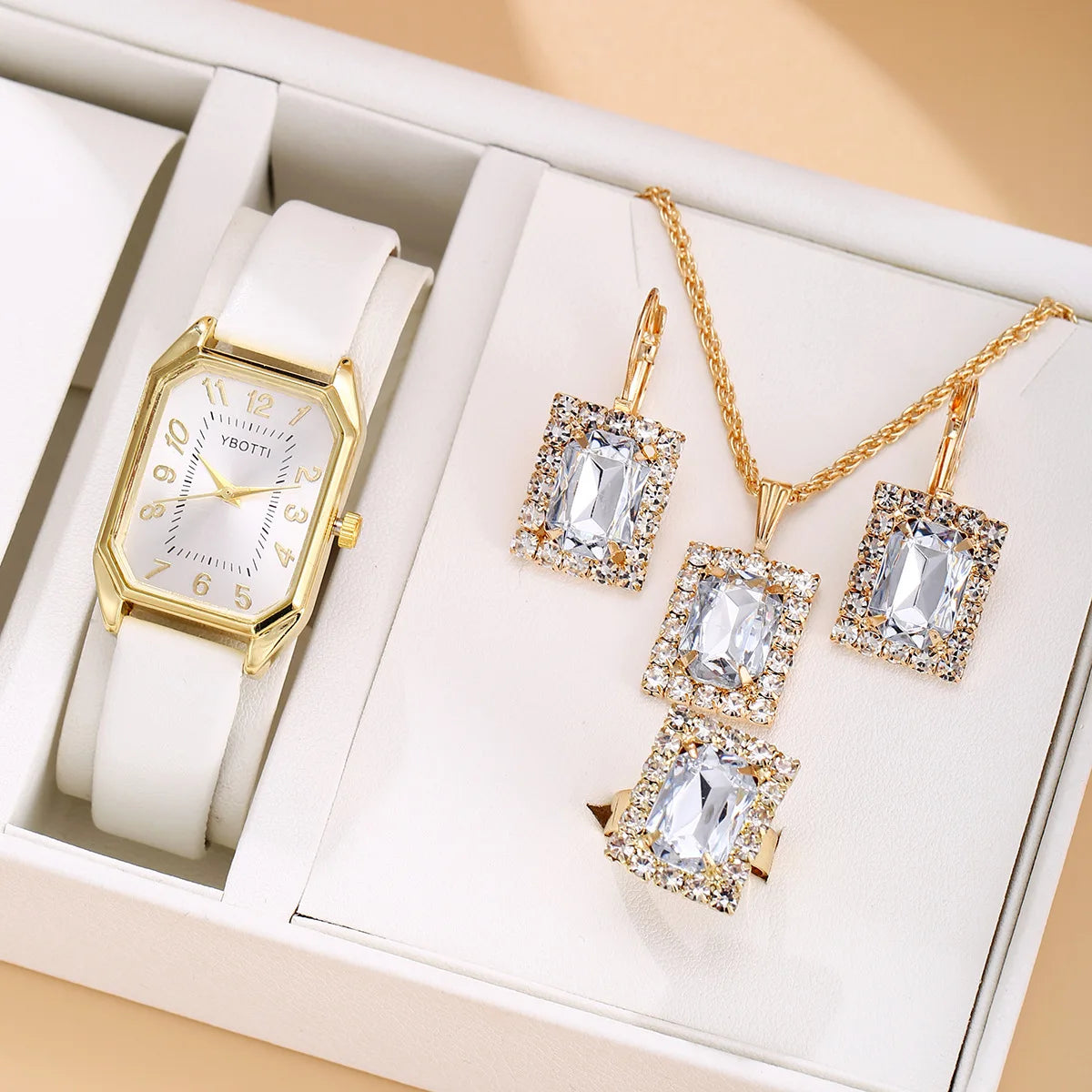 6-Piece Square Watch & Jewellery Set | 29mm Quartz Watch with Leather Strap, Necklace, Bracelet, Ring & Earrings
