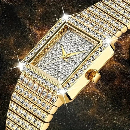Gold Square Rhinestone Bracelet Watch for Women | Rhinestone Encrusted Quartz Timepiece