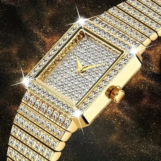 Iced-Out Golden Square Watch | Luxury Rhinestone Encrusted Bracelet Watch for Women