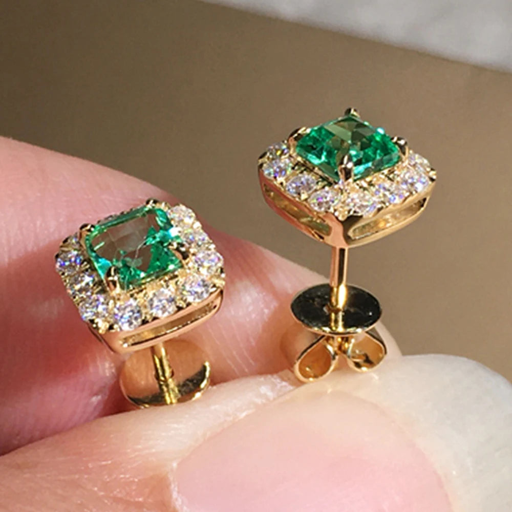 Green Cubic Zirconia Halo Stud Earrings | Gold-Tone Brass, Push-Back, 2.8g