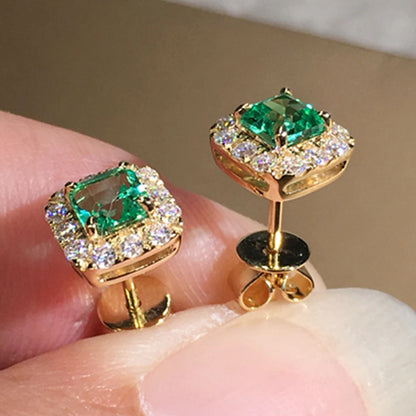 Green Cubic Zirconia Halo Stud Earrings | Gold-Tone Brass, Push-Back, 2.8g