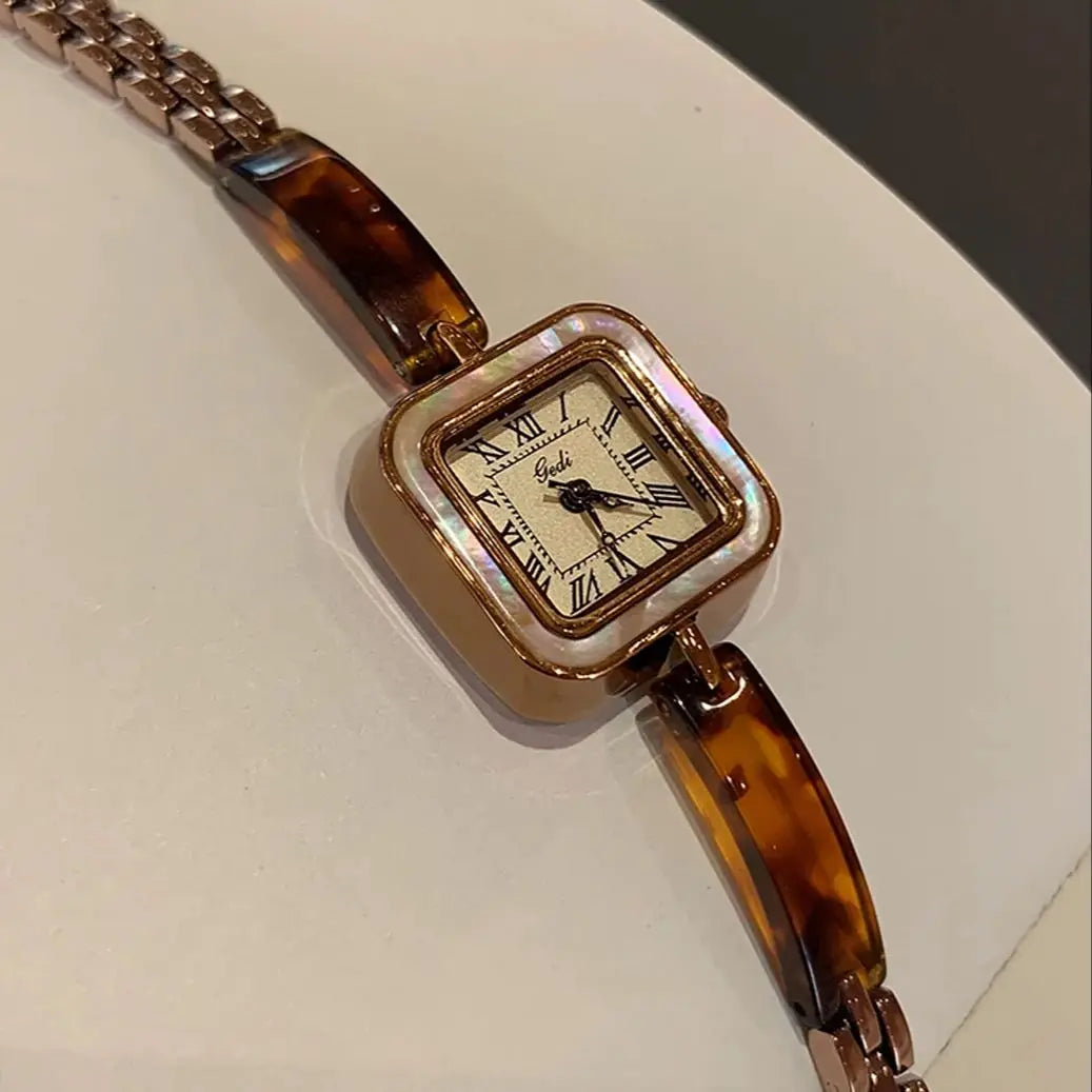 Vintage Square Amber-Tone Watch | 22mm Roman Numeral Stainless Steel Bracelet
