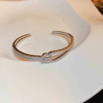 Elegant Golden Knot Cuff | Exquisite Full Zircon Minimalist Bangle for Weddings & Special Occasions