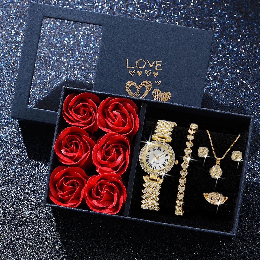 Golden Legacy 6-Piece Luxury Set | Roman Numeral Watch & Coordinated Jewellery Collection