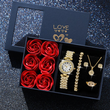 6-Piece Roman Numeral Watch & Jewellery Set | Rhinestone Watch, Necklace, Bracelets, Ring & Earrings
