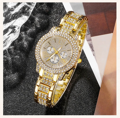 6-Piece Rhinestone Watch & Jewellery Set | Gold-Tone Quartz Watch with Necklace, Bracelet, Ring & Earrings