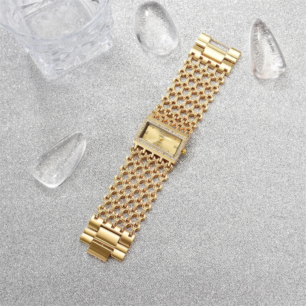 Gold-Tone Skeleton Cuff Watch | 35mm Wide Openwork Bangle with Square Rhinestone Dial