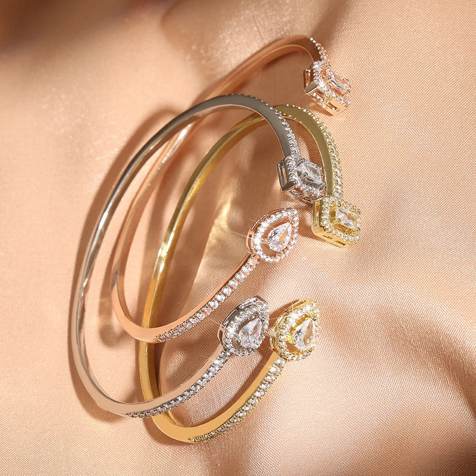 Geometric Gold Cuff Bangle | AAA+ Cubic Zirconia Tension Setting, Copper, 7g