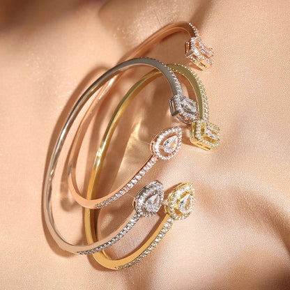 Geometric Gold Cuff Bangle | AAA+ Cubic Zirconia Tension Setting, Copper, 7g