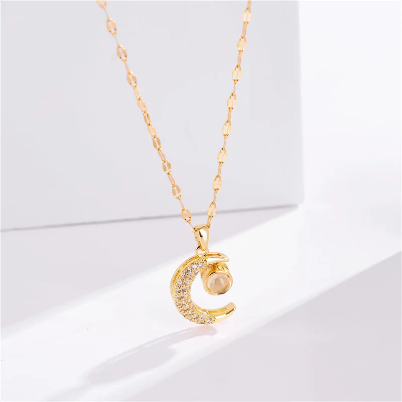 Crescent Moon Projection Pendant Necklace | Rhinestone 316L Stainless Steel Clavicle Chain