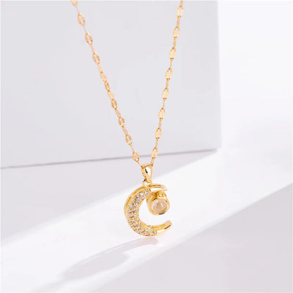 Crescent Moon Projection Pendant Necklace | Rhinestone 316L Stainless Steel Clavicle Chain