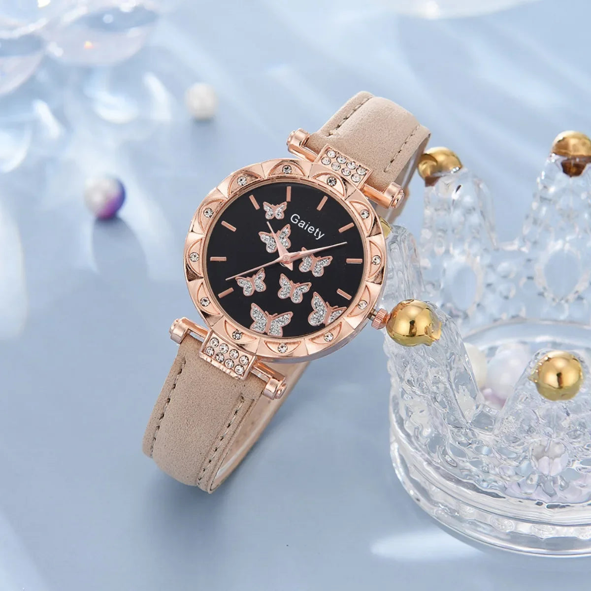 6-Piece Butterfly Watch & Jewellery Set | 33mm Numberless Dial, PU Leather Strap, Necklace, Bracelet, Ring & Earrings