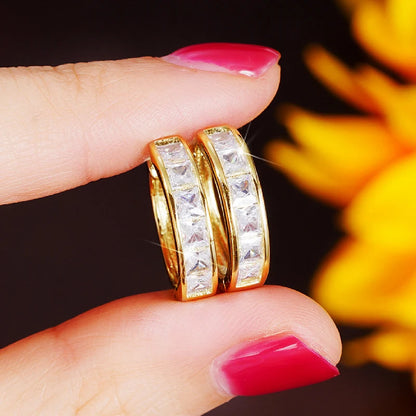 Princess Cut Crystal Hoop Earrings | Elegant Square Cubic Zirconia Gold-Tone Huggies