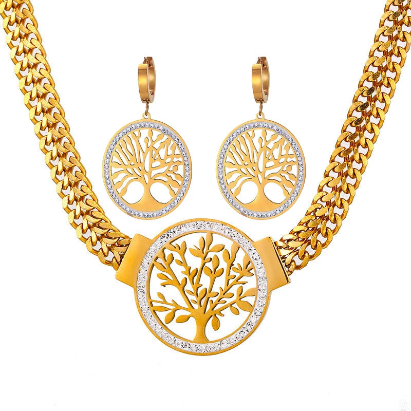 Tree of Life Luxury 316L Stainless Steel Set | Bold Thick Chain Necklace & Sparkling Zircon Earrings
