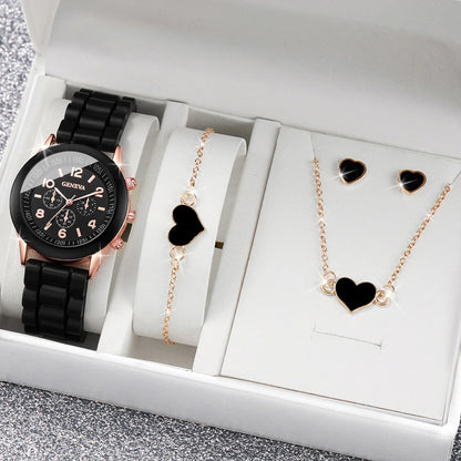 4-Piece Heart Watch & Jewellery Set | 38mm Quartz Watch with Silicone Band, Necklace, Bracelet & Earrings