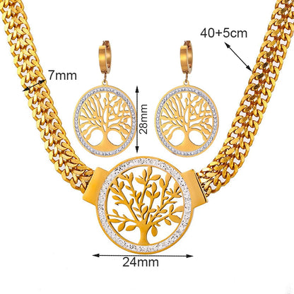 Tree of Life Pendant Necklace & Zircon Earrings Set | 316L Stainless Steel, 5mm Chain, 40cm+5cm