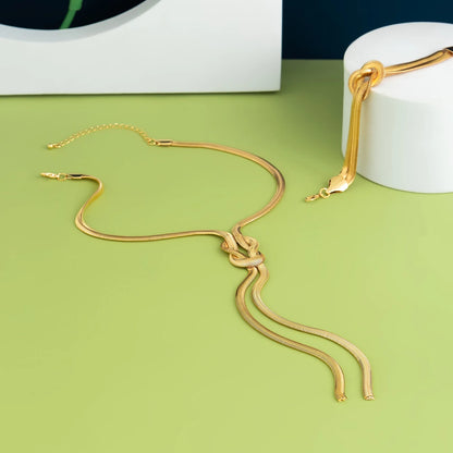 Snake Chain Tassel Choker & Drop Earrings Set | Gold-Tone Iron Alloy, 33g