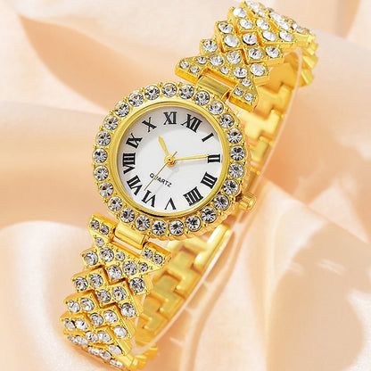 6-Piece Roman Numeral Watch & Jewellery Set | Rhinestone Watch, Necklace, Bracelets, Ring & Earrings