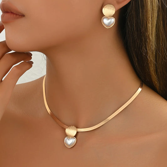 3pcs Gold-Tone Jewellery Set for Women | Heart & Geometric Necklace & Earrings