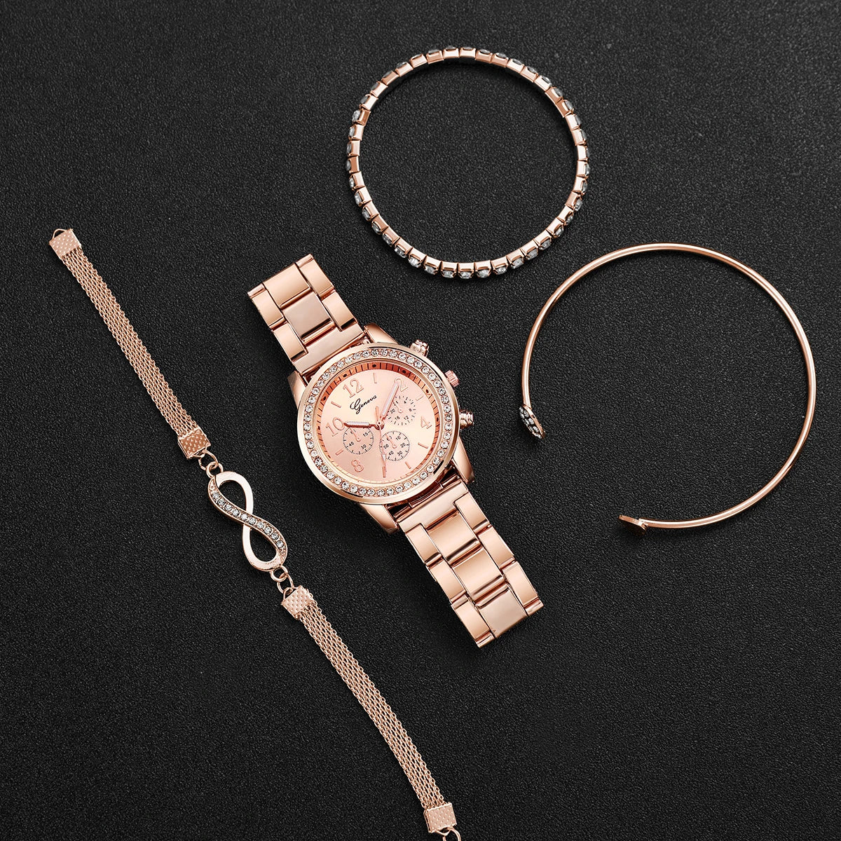 4-Piece Rhinestone Watch & Stackable Bracelet Set | 36-38mm Quartz Watch with 3 Bracelets