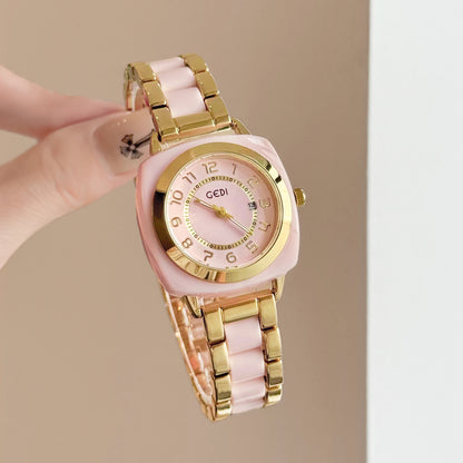 Square Amber Dial Watch | Stainless Steel Bracelet with Date Calendar & Arabic Numerals