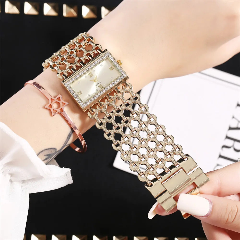 Gold-Tone Skeleton Cuff Watch | 35mm Wide Openwork Bangle with Square Rhinestone Dial