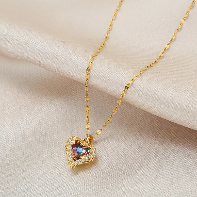 Colourful Crystal Heart Pendant Necklace | 18K Gold-Plated 316L Stainless Steel