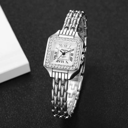 Rhinestone Square Watch | Gold-Tone Roman Numeral Dial & Slim Alloy Bracelet