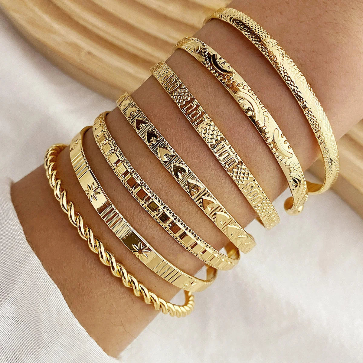 7-Piece Gold Heart Stackable Bracelet Set | Punk & Boho-Chic Cuff Collection