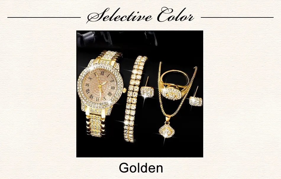 Golden Prestige 6-Piece Luxury Collection | Roman Numeral Watch & Rhinestone Jewelry Ensemble