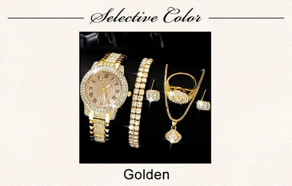 6-Piece Roman Numeral Watch & Rhinestone Jewellery Set | 32mm Quartz Watch, Necklace, Bracelet, Ring & Earrings