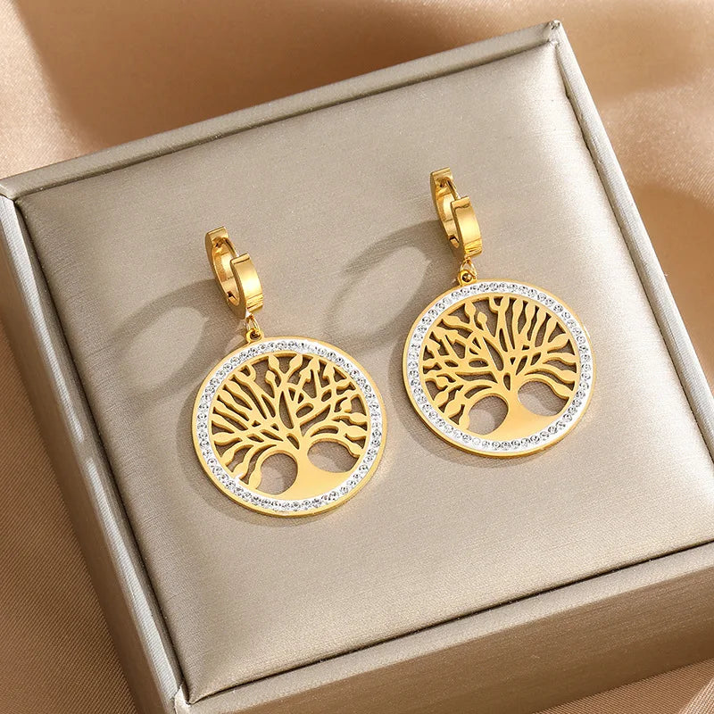 Tree of Life Luxury 316L Stainless Steel Set | Bold Thick Chain Necklace & Sparkling Zircon Earrings