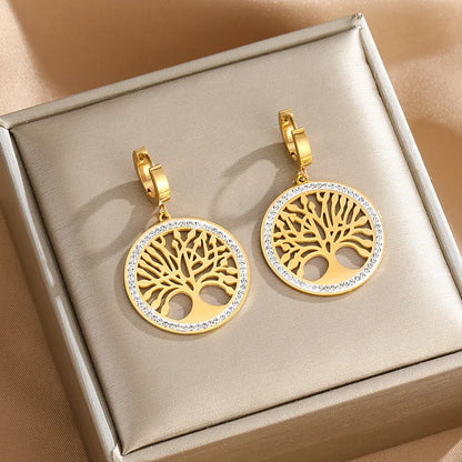 Tree of Life Pendant Necklace & Zircon Earrings Set | 316L Stainless Steel, 5mm Chain, 40cm+5cm