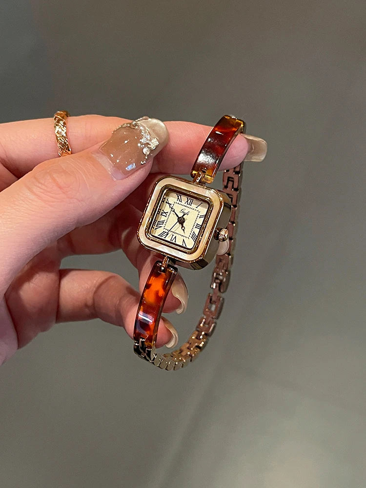 Vintage Square Amber-Tone Watch | 22mm Roman Numeral Stainless Steel Bracelet
