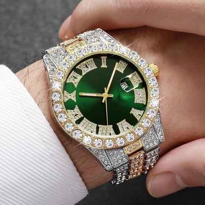 Rhinestone Calendar Watch | 42mm Roman Numeral Dial, Stainless Steel, 20mm Alloy Band