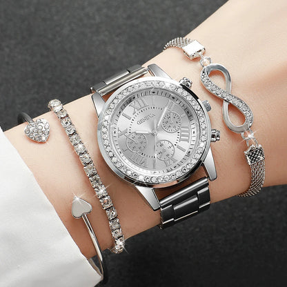 4-Piece Rhinestone Watch & Stackable Bracelet Set | 36-38mm Quartz Watch with 3 Bracelets