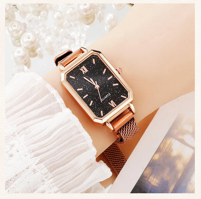 Green Dial Square Watch | Rose Gold Mesh Strap, 24mm, Roman Numerals, Quartz