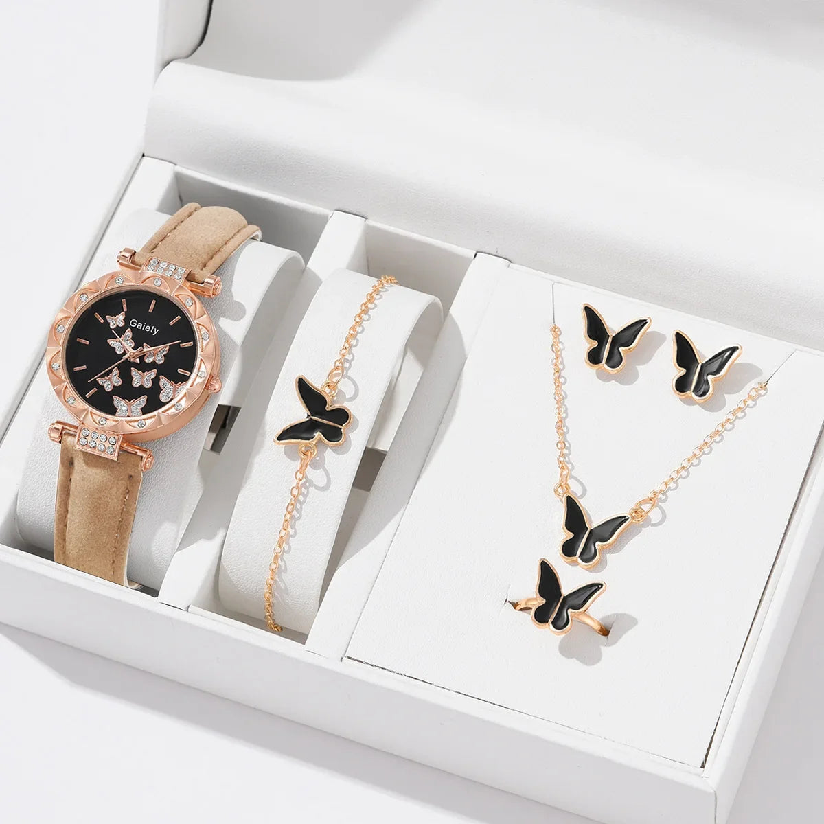 6-Piece Butterfly Watch & Jewellery Set | 33mm Numberless Dial, PU Leather Strap, Necklace, Bracelet, Ring & Earrings
