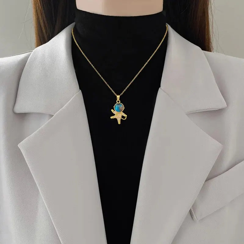 Star, Moon & Astronaut Pendant Necklace | Waterproof Titanium Steel with Zircon