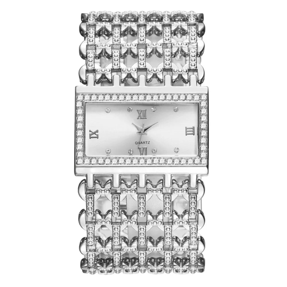 Gold-Tone Skeleton Cuff Watch | 35mm Wide Openwork Bangle with Square Rhinestone Dial