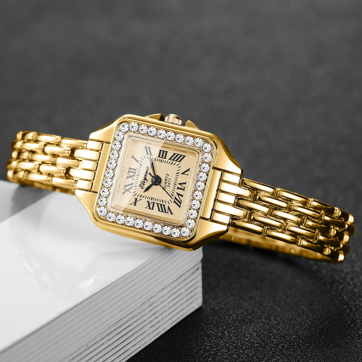 Luxe Rhinestone Square Watch | Elegant Roman Numeral Dial & Polished Gold-Tone Wristwatch