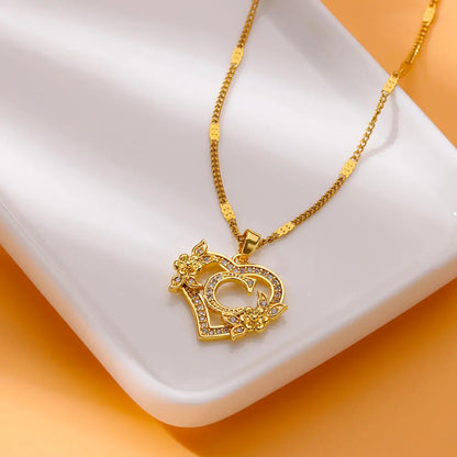 Initial Letter Heart Pendant Necklace | Zircon Flower & Personalised Letter, 316L Stainless Steel