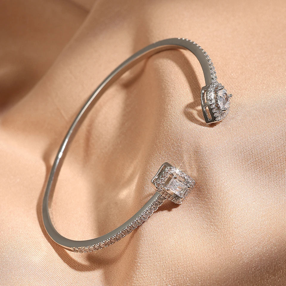 Geometric Gold Cuff Bangle | AAA+ Cubic Zirconia Tension Setting, Copper, 7g
